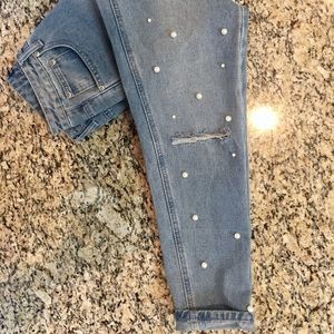 boohoo blue faded, distressed pearl accent jeans
